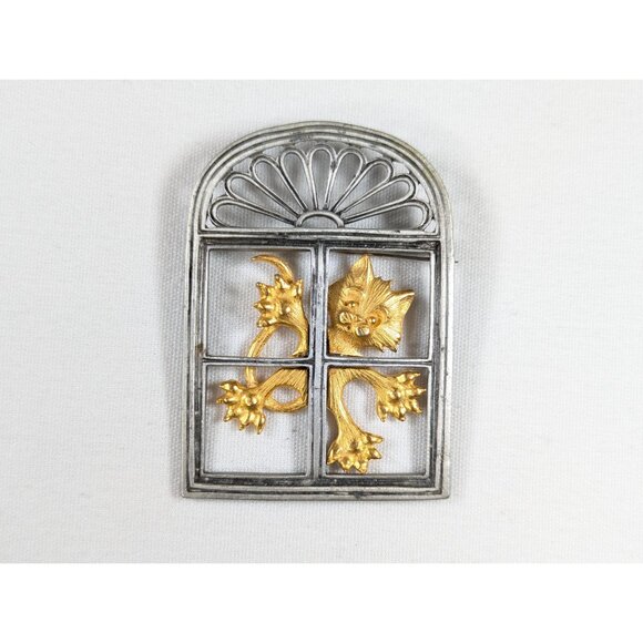Vintage Jonette Jewelry cat in window brooch, funny costume jewelry, gift for - Picture 2 of 9